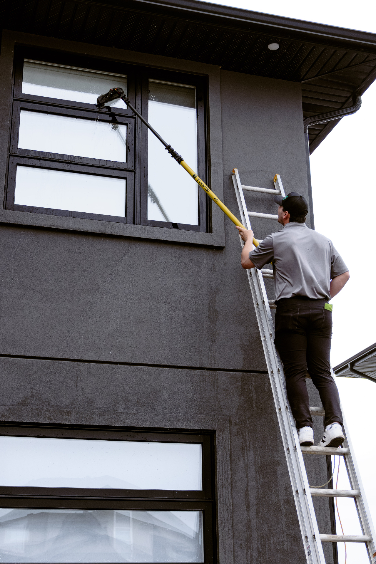 Technician cleaning second-storey windows from a ladder